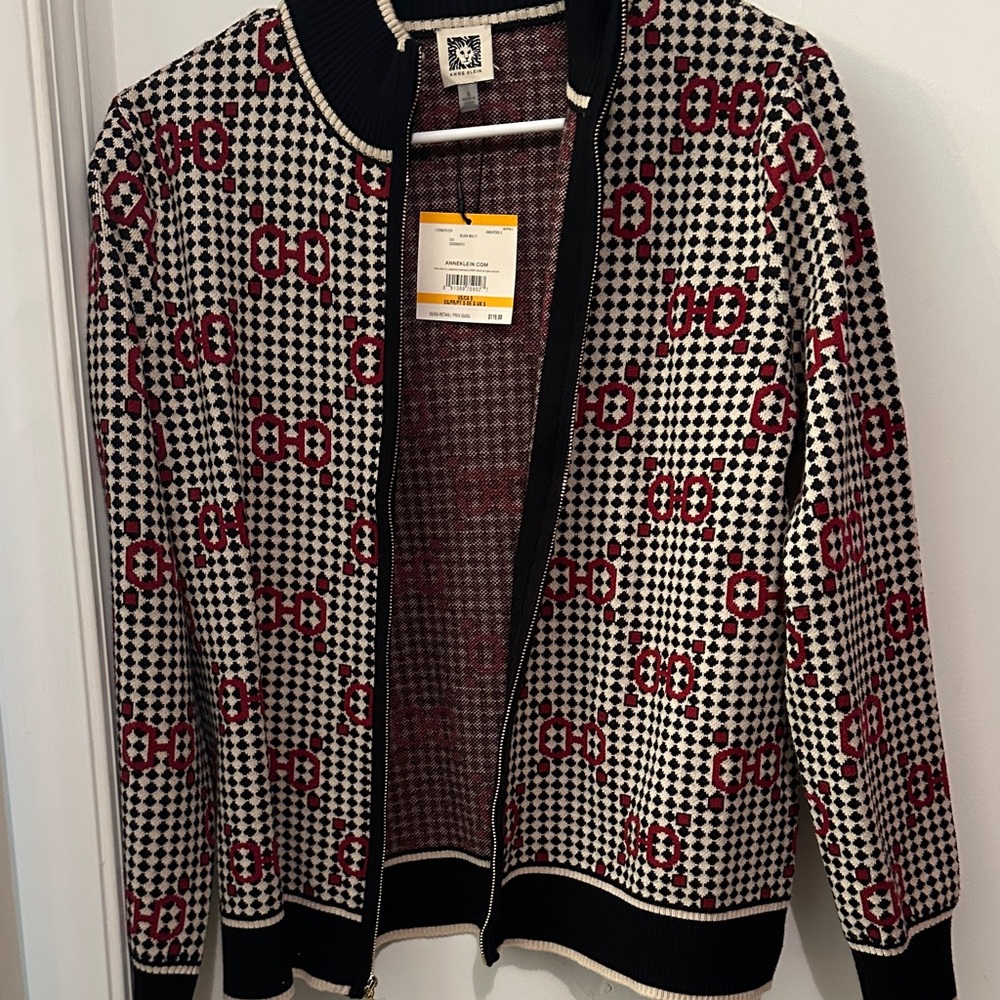 Anne Klein Black and Red Geometric Bomber Jacket